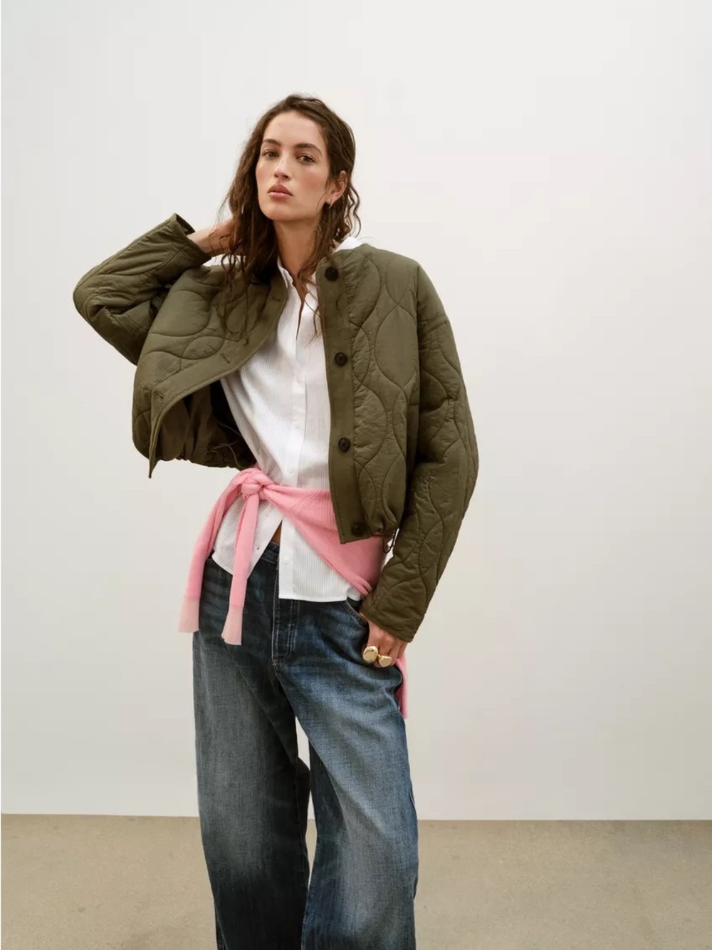 Zara Olive Quilted Cropped Bomber Jacket